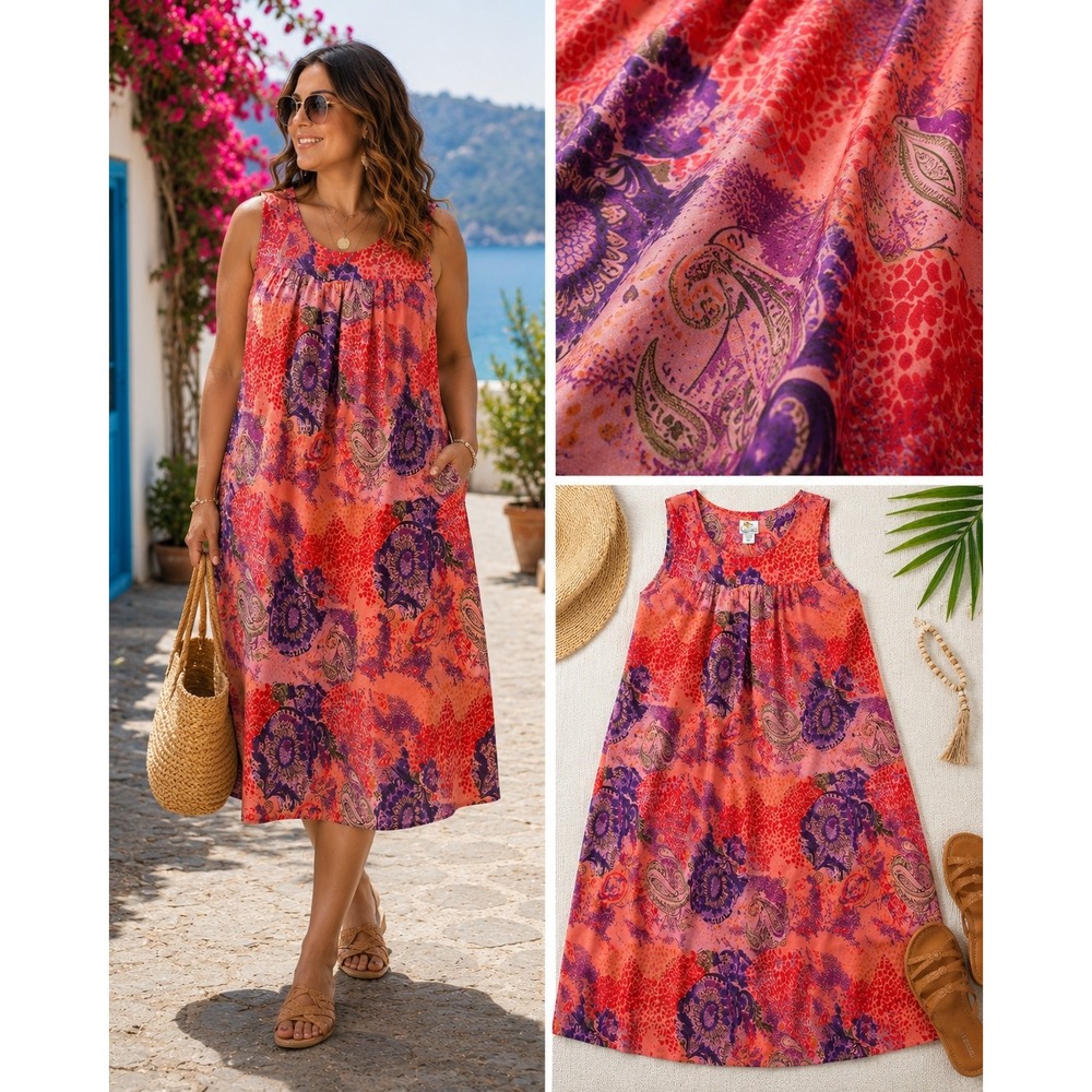 Boho Coral Purple Paisley Artsy Tunic Dress Flowy Sleeveless Resort Summer 1X